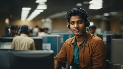 An Indian man working at a call center.