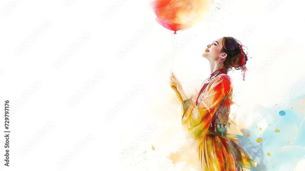 Poster Graceful woman in traditional attire, holding a watercolor balloon