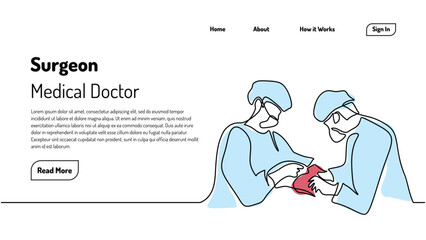 Surgeon medical doctor. Continuous one line art drawing. Landing page template with healthcare concept.