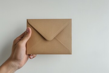 Human hand holding kraft envelope, front side, white background, natural light