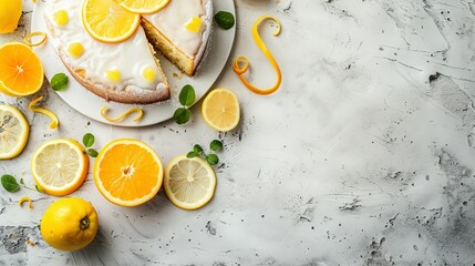 Cut tasty lemon cake with glaze and citrus fruits on light grey textured table, space for text