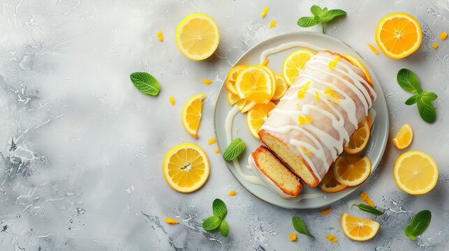 Cut tasty lemon cake with glaze and citrus fruits on light grey textured table, space for text - Powered by Adobe