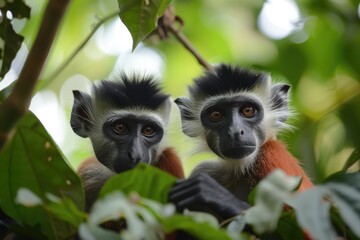 Fototapeta premium Two red colobuses (Procolobus badius kirkii) sitting.