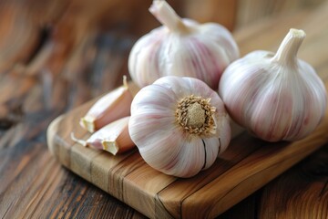 Garlic whole and sliced on a wooden table. Antibacterial, boosts immunity.