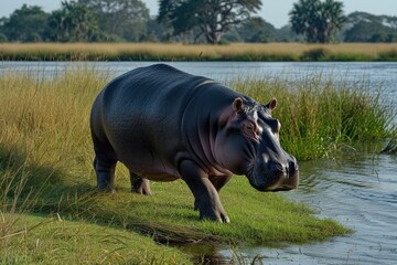 Hippo walking through the grass in the warm morning light