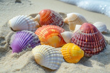 Collection of various colorful seashells on sand.