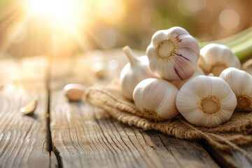 Garlic is placed on a wooden table with morning sunlight.