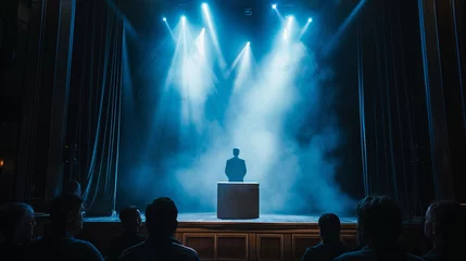 Foto op Canvas A theatrical show scene, where the stagecraft involves a box unveiling, the spotlight capturing the dramatic effect and the performer's stage presence © 1st footage
