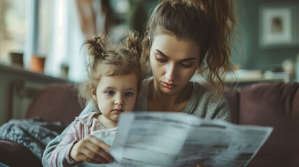 Single mom with child frustrated holding bills for payment - obrazy, fototapety, plakaty