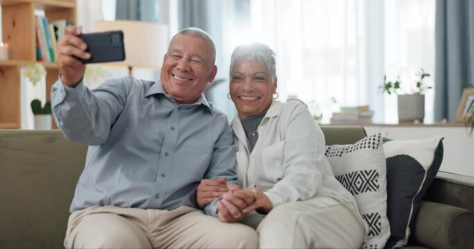 Senior couple, selfie and sofa with love, social media and happy together in a home. Retirement, marriage and profile picture with elderly people in a house on a website online with support and trust