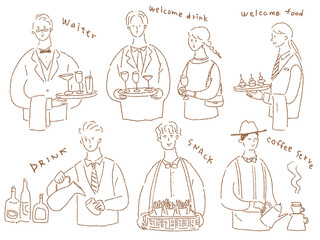 ウエディング、結婚式場、ホテルのスタッフ（ウエイター、バーテンダーなど）、線画