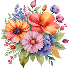 Watercolor painting of beautiful flower bouquet illustration isolated on transparent background png, perfect design for special event, mother day, greeting and wedding card