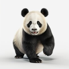 Giant panda sitting against a white background, looking at the camera with a gentle expression.