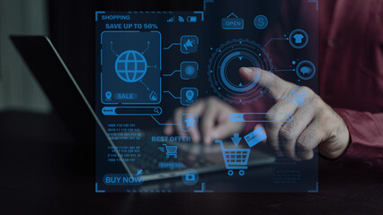 Internet store buy online e-commerce concept Person's hand using smartphone with shopping chart on laptop screen and shopping cart business icons, internet concept of e-commerce technology