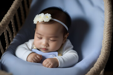 A Buautiful cute asian baby sleeping on the cradle. Generative AI