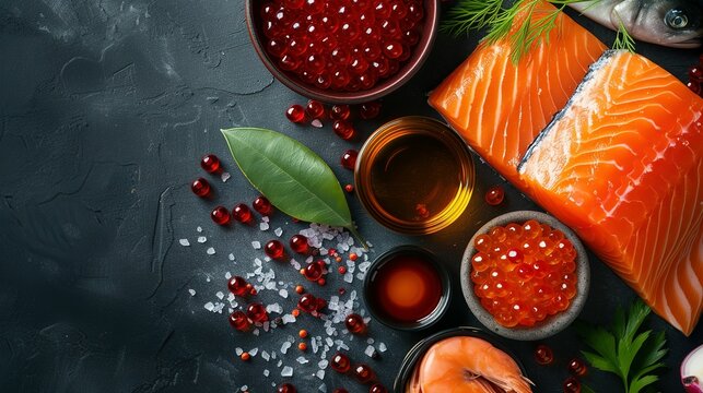 Food rich in astaxanthin with structural chemical formula of astaxanthin. Natural sources of astaxanthin salmon, caviar, trout, shrimps, fish. Astaxanthin is a red pigment, carotenoid and antioxidant