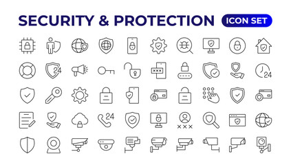 Safety, security, protection thin line icons. For website marketing design, logo, app, template, etc.Set of security shield icons,shield logotypes with a check mark, and padlock. Security symbols. - obrazy, fototapety, plakaty