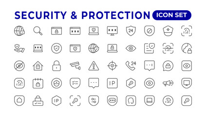 Safety, security, protection thin line icons. For website marketing design, logo, app, template, etc.Set of security shield icons,shield logotypes with a check mark, and padlock. Security symbols. - obrazy, fototapety, plakaty