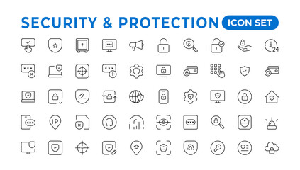 Safety, security, protection thin line icons. For website marketing design, logo, app, template, etc.Set of security shield icons,shield logotypes with a check mark, and padlock. Security symbols.