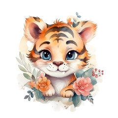 Cute cartoon watercolor tiger with flowers on a transparent background