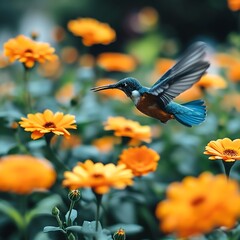 Naklejka premium Hovering Hummingbird Above Marigolds