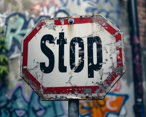 A stop sign with graffiti on it, symbolizing vandalism and disregard for traffic rules. - obrazy, fototapety, plakaty