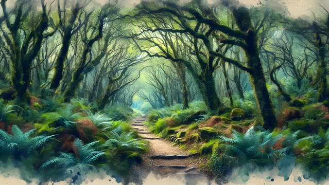 Enchanting wild forest path with watercolor effect