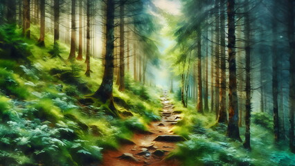 Obraz premium Enchanting wild forest path with watercolor effect