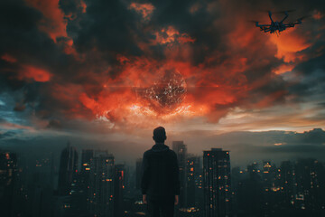 A man with red, fiery storm, on a futuristic skyline