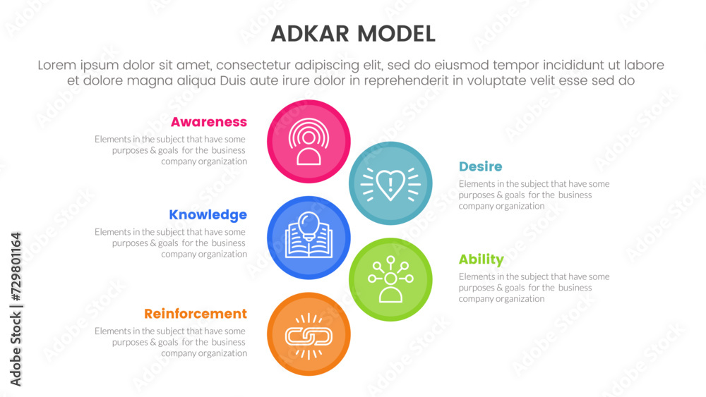 Poster adkar model change management framework infographic with big circle vertical 5 step points for slide