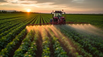 Naklejka premium Tractor spraying pesticides fertilizer on soybean crops farm field