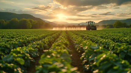Tractor spraying pesticides fertilizer on soybean crops farm field - obrazy, fototapety, plakaty