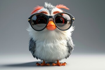 Fluffy bird with big glasses and orange beak.