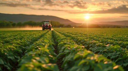 Fototapeta premium Tractor spraying pesticides fertilizer on soybean crops farm field