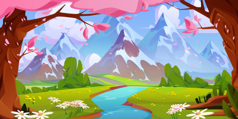 Spring mountain river landscape with old sakura trees. Vector cartoon illustration of beautiful scenery with blue water, pink cherry blossom petals, green grass on hills, glacier on peaks, cloudy sky