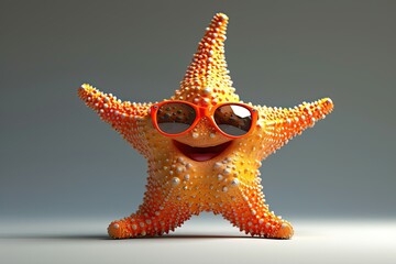 A cheerful starfish with red sunglasses on a neutral background.