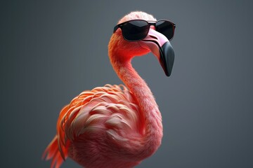 Fototapeta premium Pink flamingo with cool black sunglasses looks back with a sleek grace.