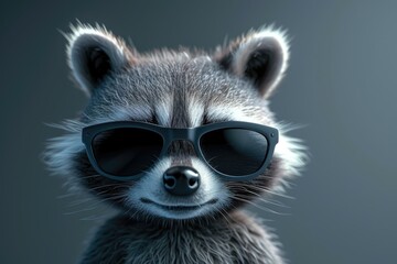 Raccoon in sleek sunglasses gives a mischievous vibe against a muted background. - obrazy, fototapety, plakaty