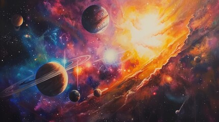Paintings of planets and space scenes. Generate AI image