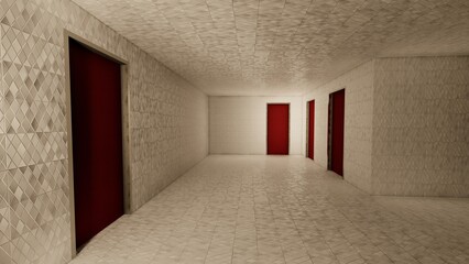 alone in the backrooms liminal space 3d render  © Hirzan