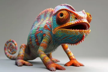 Fotobehang A vibrant chameleon with a wide-open mouth and colorful scales. © AdriFerrer