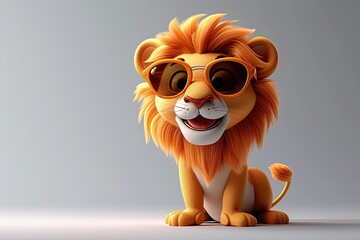 A cheerful cartoon lion with fluffy mane wearing orange glasses. - obrazy, fototapety, plakaty