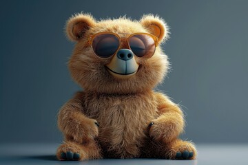 Fototapeta premium A cartoon bear with a cheerful expression wearing brown sunglasses.
