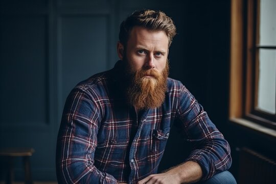 Portrait of a handsome man with long red beard and mustache in a checkered shirt sitting in a dark room