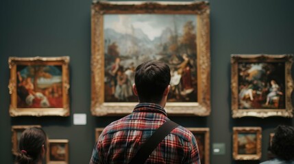 a man looking at paintings in an art museum
