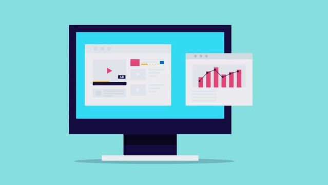 Tracking video advertising campaign performance - data analytics views, engagement, click rate and conversion graph on dashboard screen, animation concept.
