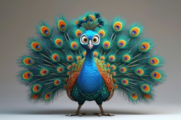 A proud cartoon peacock displaying its colorful feathers.