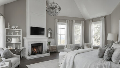 luxury bedroom with cathedral ceiling and fireplace