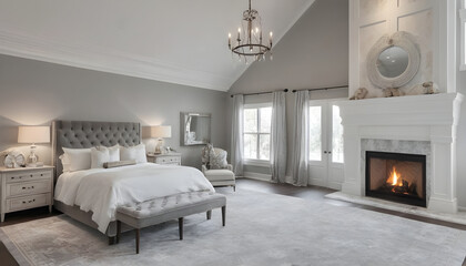 luxury bedroom with cathedral ceiling and fireplace