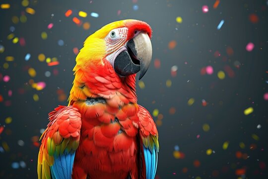 A vibrant scarlet macaw with confetti, symbolizing celebration.
